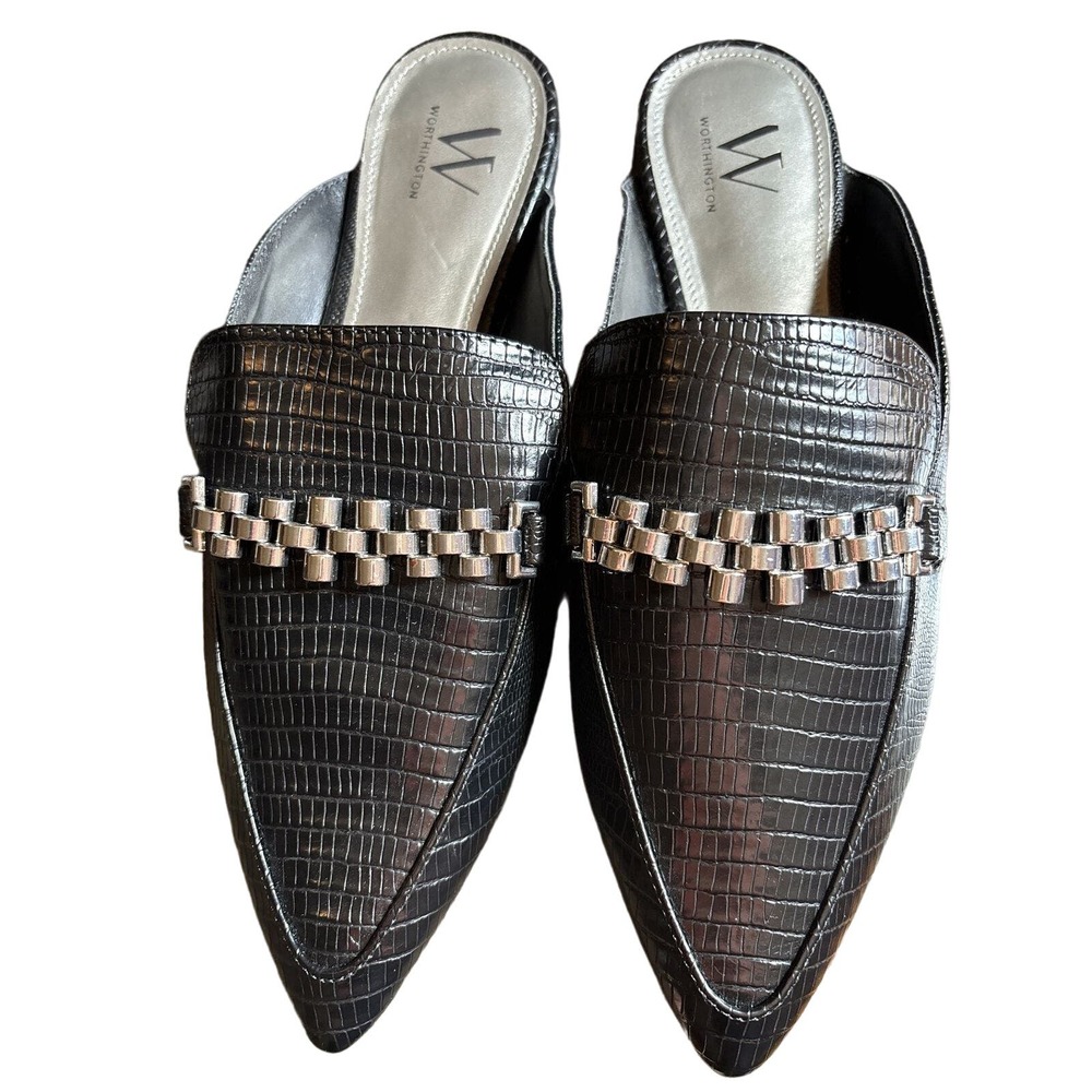 Worthington Women's Camden Pointed toe Black slip on mules silver accents 7M